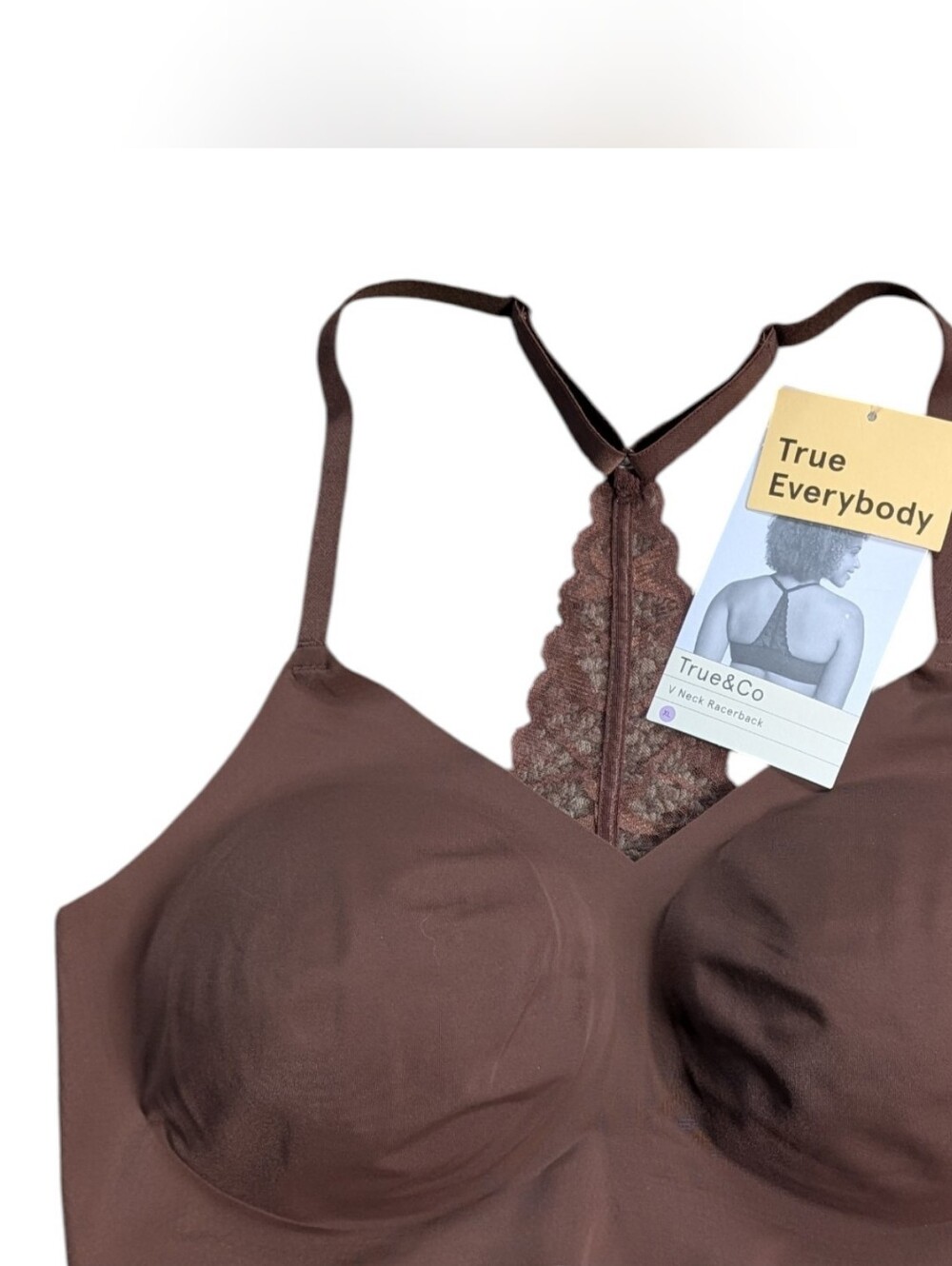 True & Co. Brown Soft Lace Racerback Wirefree Bra Nylon Removable Pads Large